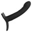 A black silicone strap-on dildo features a curved tip and ribbed shaft. 