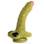 A green silicone Swamp Monster dildo shows its scaly ridged texture and glossy black eyes against a white background.