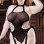 A plus size model wears a fishnet halter style teddy bodystocking in black with a sheer net material.