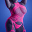 A plus-size model wears a neon pink bodystocking with a floral lace and fishnet weave design with a collared halter neck.
