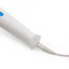 Close-up of the Hitachi Rechargeable Magic Wand vibrator's plug-in charger cable connected to the base of the device.
