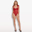 A model wears a sheer red mesh rose-patterned teddy featuring satin piping details down the centre to streamline the figure.