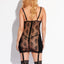 A back view of a lingerie model wearing a black chemise dress with a sheer lace back, floral pattern and centre zip.