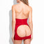 Back view of a model wearing a red shapewear slip with an open rear to expose the buttocks under the hook-and-eye closure.