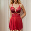 A model wears a red baby doll with wire-free bust with scalloped lace edges and elastic cage strap details.