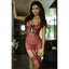 A model wears a wine colour lace bodystocking with a micro-fishnet weave and circular cutout under the bust.