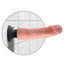 A realistic 9 inch vibrating dildo is shown attached to a shower wall with its suction cup base.