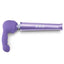 A Le wand massager lays on a white backdrop that is attached to a violet phallic shape dildo.