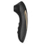 Side view of a black and gold silicone clitoral suction stimulator showcases its contoured textured handle.