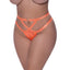 A curvy lingerie model wears a strappy cutout high-waisted thong featuring a sheer stripe pattern in the orange mesh.