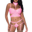 Close up of a model wearing a bright pink bra, choker harness and cutout panty lingerie set in a high shine wet look finish.