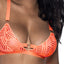 Close-up of an orange bralette with geometric line patterns and gold O-rings connecting the shoulder straps to the cups.