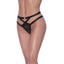 A model wears a sheer cutout thong with a gold O-ring attached above the navel by satin straps for a cutout effect.