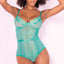 A model wears a sheer floral lace mesh open rear teddy in an aqua colour with adjustable shoulder straps.
