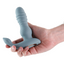 A hand model holds a grey thrusting vibrating prostate stimulator with a rounded, ridged head. 