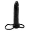 A black strap-on with a realistic phallic head and veiny textured body with dual rings stands against a white backdrop.