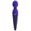 A purple wand vibrator with a shiny handle and silicone head stands against a white backdrop with its back to the camera.