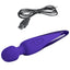 A purple warming wand vibrator lays next to its USB charging cord on a white background.
