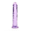 A purple crystal clear jelly dildo stands against a white backdrop with a ridged phallic tip. 