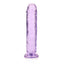 A purple crystal clear jelly dildo stands and showcases its veiny shaft texture. 