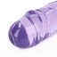 Close up of a crystal clear purple jelly dildo featuring a realistic phallic shaped head. 