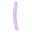 A flexible purple crystal clear double-ended jelly dildo stands against a white backdrop. 
