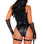 A back shot of a model wearing a dominatrix bunny costume with fingerless black mesh gloves and a gartered waist cincher.