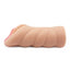 A side view of a realistic pink-lipped pussy stroker with a ribbed texture sits against a white backdrop.