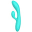 Side view of a turquoise rabbit g-spot vibrator features an external bulbous clitoral arm.