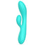 A turquoise rabbit vibrator features a bulbous curved g-spot head. 