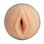 Front view of a realistic flesh like vaginal masturbator showcasing the vaginal entrance.