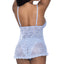 Reveal your body in this elegant babydoll w/ a wire-free V-neck, curtain front & split-rear panty, all in sheer periwinkle blue floral lace. (2)