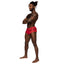 Male Power Sheer Sassy Lace Solid Pouch Mini Shorts are made from stretchy floral mesh w/ scalloped legs & waistband for a feminine touch. Red. (3)
