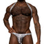Male Power S'Naked Snakeskin Print Shoulder Sling Harness Thong has a metallic snakeskin print w/ a thong-cut rear, shoulder straps & a behind-the-neck sling for support that accentuates your torso! Silver & black.