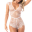 Mapale Criss-Cross Back Sheer Eyelash Lace Teddy Romper is made from transparent floral lace & mesh w/ a deep V-neck & corset-style criss-cross ribbon lacing down the back.