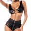 Mapale Wet Look Underboob Bralette & Strappy Zip-Up Panty Set includes a scoop neck top w/ an underboob cutout & a strappy high-waisted panty w/ zip-up front.