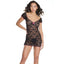 Coquette - Cap Sleeve Lace Dress - 2580 - sheer black dress has gathered cap sleeves + a floral lace pattern. front
