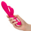 Jack Rabbit® Signature - Silicone Ultra-Soft™ Rabbit - dual-density silicone rabbit vibrator has 7 vibration functions in its independently controlled G-spot shaft & clitoral bunny for ultimate blended pleasure. Pink, in hand for size comparison