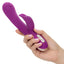 Jack Rabbit® Signature - Silicone Thumping Rabbit Vibrator - has 3 thumping settings in the shaft's bulbous G-spot tip & clitoral bunny ears for dual stimulation. Purple, in hand for size comparison