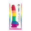 This colours pride edition 8-inch waterproof rainbow silicone firm dong has a realistic phallic head, veiny shaft + a harness-compatible suction cup for hands-free fun. Package.