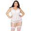 Coquette Convertible Padded Lace Bustier Corset With Garters - Curvy is made with floral eyelash & has padded cups w/ full-length hook & eye closure + boning to cinch your curves. White.