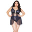 Coquette Split Lace & Mesh Babydoll With High-Waisted Thong - Curvy has lace cups & a split-front w/ elastic G-hook waist + front-closure bust & a cheeky thong.