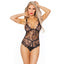 Coquette Crotchless Lace Teddy With Chains & Tie Cups has tie-on cups that attach to rose gold chains outlining your breasts w/ corset-like criss-cross lacing at the crotchless area...