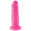 Dillio 6" Chub Thick Dildo has a ridged phallic head & a thick, veiny shaft + a harness-compatible suction cup base for hands-free fun, solo or partnered. Pink.