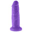 Dillio 6" Chub Thick Dildo has a ridged phallic head & a thick, veiny shaft + a harness-compatible suction cup base for hands-free fun, solo or partnered. Purple.