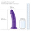 Dillio - 9" Dong has a phallic head & bulging veins for more stimulation + a harness-compatible suction cup base for hands-free fun solo or partnered. Purple-suction cup. Dimension.