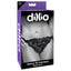 This stylish strap-on harness has a low-rise fit, contrast stitching & ruffle trim with soft lining & 3 different-sized O-rings to accommodate more dildo sizes. Purple.