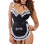 Dreamgirl French Maid Fantasy Roleplay Costume Set includes a black & white lace open-crotch teddy, apron w/ cursive word 'Dirty' embroidery, a maid headband & a ribbon choker.