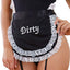 Dreamgirl French Maid Fantasy Roleplay Costume Set includes a black & white lace open-crotch teddy, apron w/ cursive word 'Dirty' embroidery, a maid headband & a ribbon choker. (3)