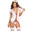  Dreamgirl Triage Trixie Nurse Roleplay Costume Set includes a headband, mesh G-string & short-sleeved gartered slip w/ a plunging collared neckline + sexy corset-style lacing. (5)